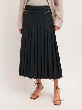 Tibi Black Wool Grain De Poudre Convertible Pleated Skirt